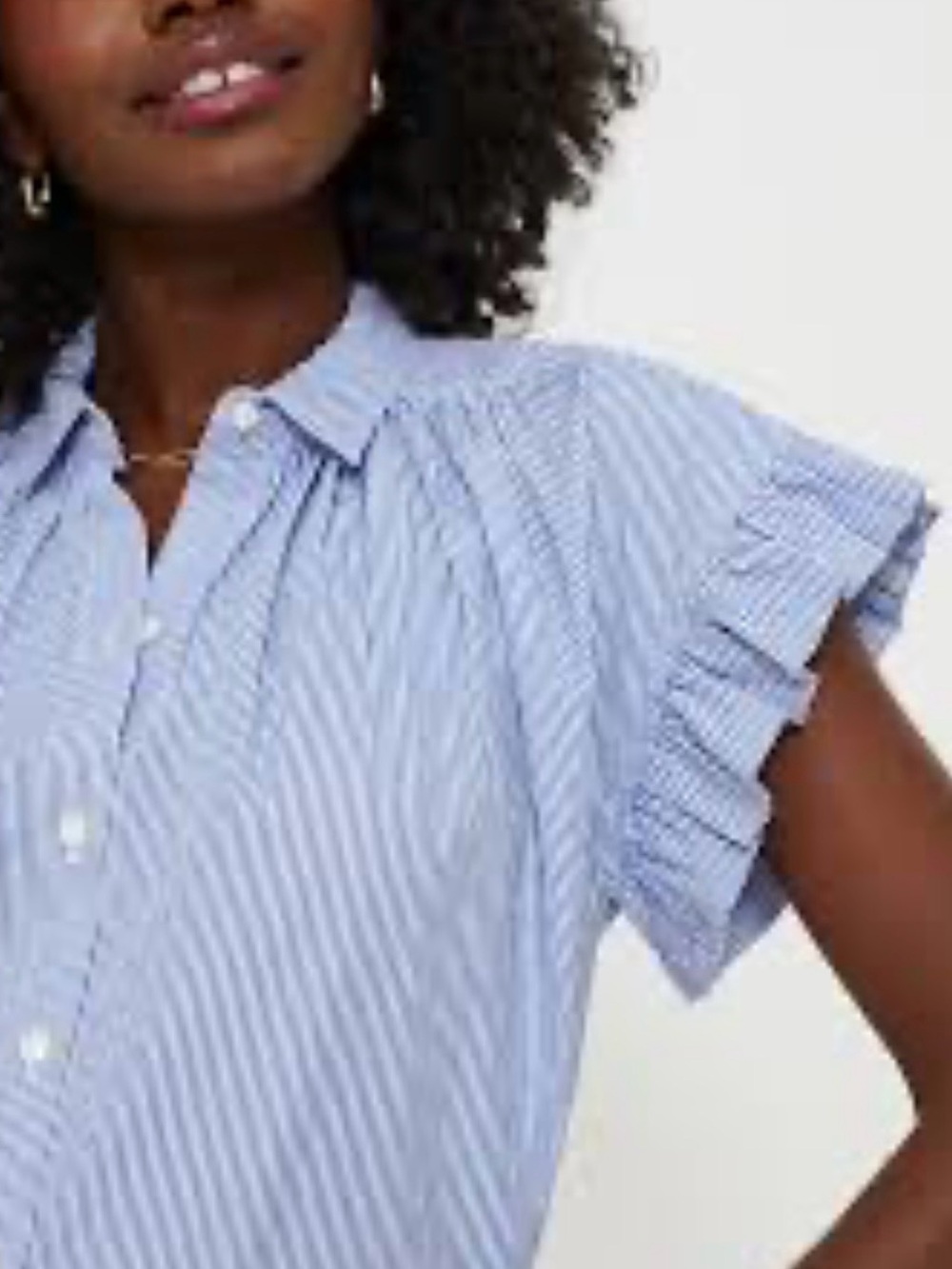 Trovata Bird of Paradis Blue & White Pinstripe Marianne B Ruffle-Sleeve Shirt - Picture 2 of 6